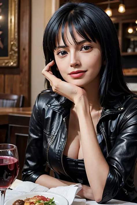 An ultra hot gorgeous European russian woman, age 28, dark black hair, fringe bangs. shes a playmate, men magazine model. She has a subtle smile, without showing teeth, flirts with the camera, nico_robinnn
In a classy restaurant, sitting across the table, ...