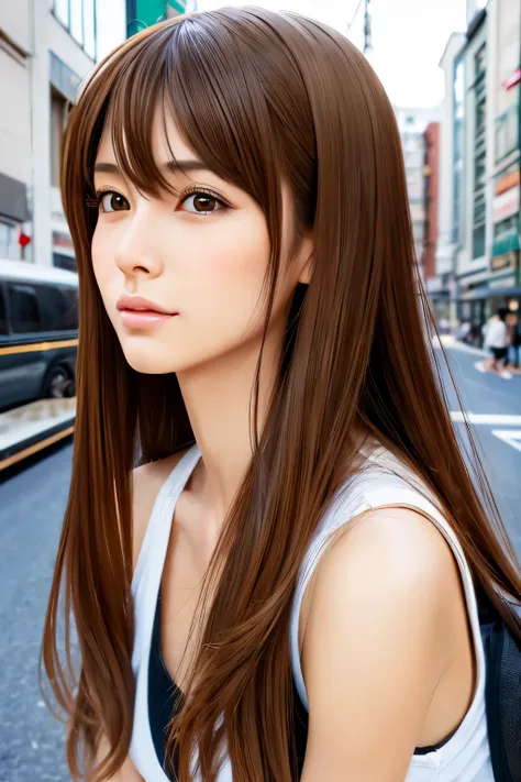 (masterpiece), (best quality, highres, highly-detailed, illustration), Skinny Japanese girl, 30 years old, 1girl, solo, city, contemporary, profile picture closeup, long hair, cute face, detailed face, brown eyes, beautiful detailed eyes, squatting, headph...