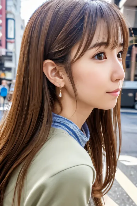 (masterpiece), (best quality, highres, highly-detailed, illustration), Skinny Japanese girl, 30 years old, 1girl, solo, city, contemporary, profile picture closeup, long hair, cute face, detailed face, brown eyes, beautiful detailed eyes, squatting, headph...