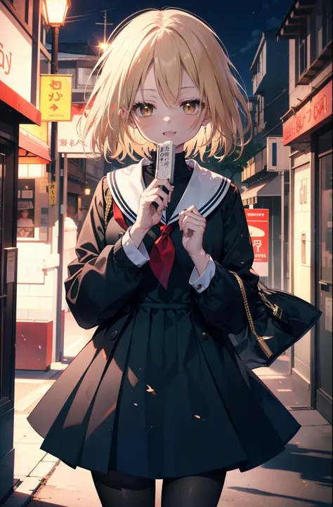 annakyouyama, anna kyouyama, blonde hair, short hair, (brown eyes:1.7),happy smile, smile, open your mouth,black long-sleeved sa...