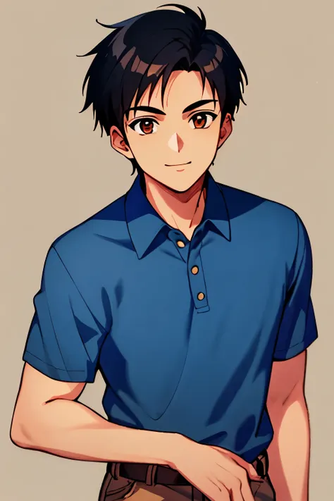 masterpiece, best quality, cel shaded, bright colors, 1boy, solo, male focus, teenage boy, short black hair, brown eyes, youthful smile, healthy complexion, muscular frame, polo shirt, khaki pants, looking at viewer, staring straight ahead, upper body shot...