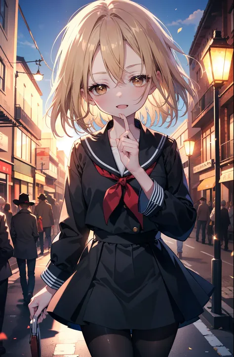 annakyouyama, anna kyouyama, blonde hair, short hair, (brown eyes:1.7),happy smile, smile, open your mouth,Black long-sleeved sailor suit,black pleated skirt,white pantyhose,black loafers,walking,morning,morning日,太陽が登っている
break looking at viewer, whole bod...