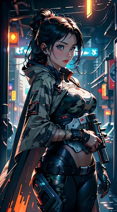 (masterpiece:1.2, Best quality), ((Best quality)), ((masterpiece)), (highly detailed:1.3), 3D, beautiful (cyberpunk:1.2) special forces, robort,female with thick voluminous hair wearing (wearing camouflage_uniform:1.1), body armour,cape,digital (camouflage...