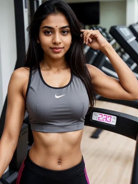 Tamil girl, tank top, slim fit body, broad shoulders, well built muscles, hourglass figure, running in a treadmill, inside a ultra technology gym