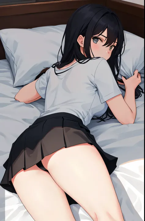 1 girl laying in bed, shirt + skirt, cold stare, back view, looking at viewer