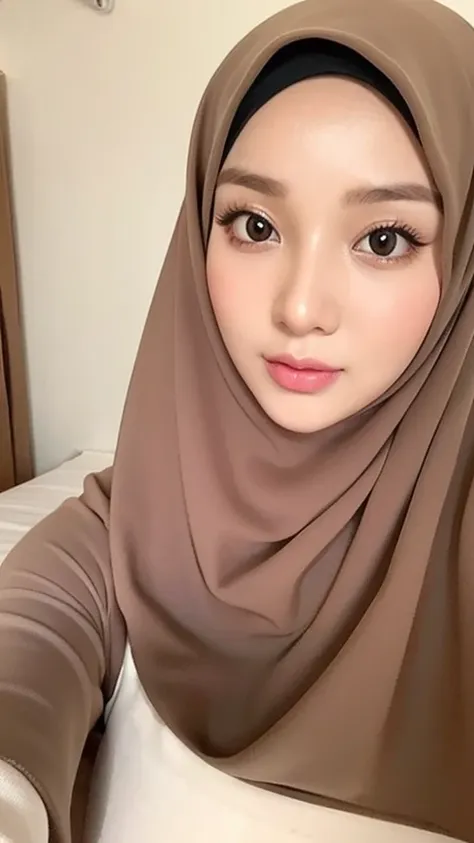 beautuful women、hijab, indonesian, a room、selfee、white room、cute、ultra detailed face, 8k、1 girl, big breasts, brown, soft