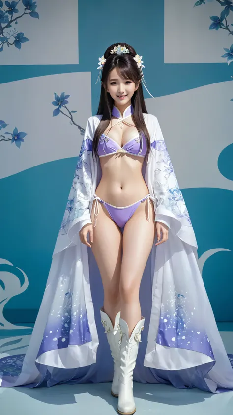 美麗的fantasy皇后, anime goddess, full body xianxia, ((美麗的fantasy皇后)), sweet smile，性感white bikini內衣，white bikini，high-cut underwear，high cut underwear，Long-legged girl，put on boots，White boots，huge breasts，Put on your hat, Chinese Hanfu，fantasy服装, Sha Xi, ((美麗的...