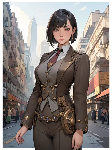 (masterpiece:1.3), (disorganized:1.3), (highest quality:1.3),perfect anatomy,detailed face,Steam punk, victorian era,Hong kong,horizontal angle,hands,looking at viewer, (Super detailed:1.3),(best shadow:0.7), (treated hair), angled bob cut,fine eyes, beaut...