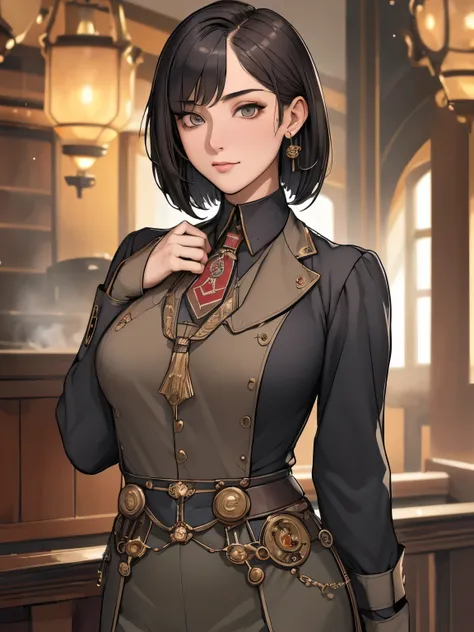 (masterpiece:1.3), (disorganized:1.3), (highest quality:1.3),perfect anatomy,detailed face,Steam punk, victorian era,Hong kong,horizontal angle,hands,looking at viewer, (Super detailed:1.3),(best shadow:0.7), (treated hair), angled bob cut,fine eyes, beaut...