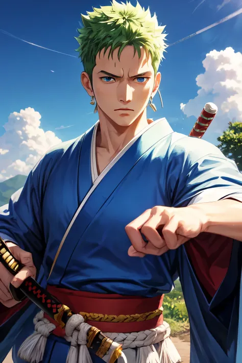 Roronoa Zoro (Masterpiece, 4k resolution, ultra-realistic, very detailed), (Theme of white samurai, charismatic, there is a swordsman next to a Japanese "isakaya" bar, wearing a blue kimono with cloud details on the "obi" track, he is commander of the firs...