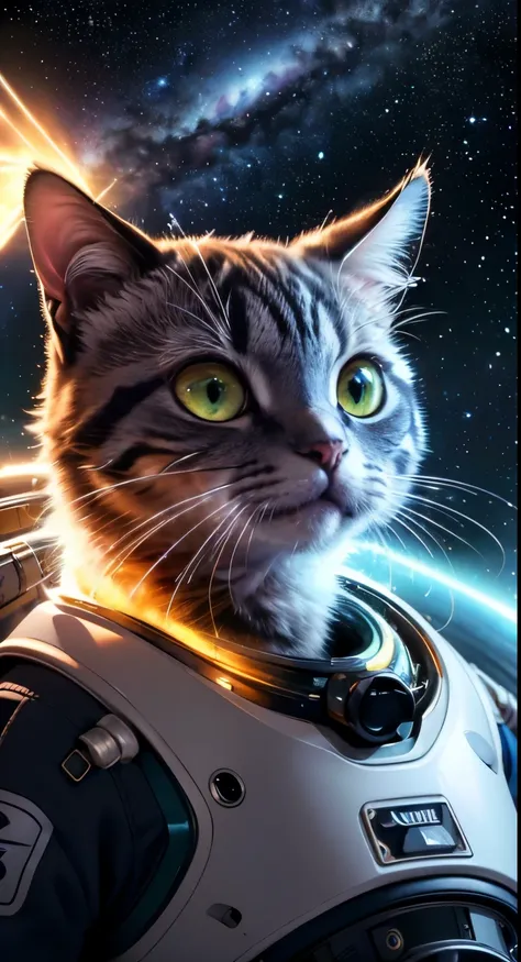 (best quality,4k,8k,highres,masterpiece:1.2),ultra-detailed,(realistic,photorealistic,photo-realistic:1.37),portrait,cat,space suit,galactic background,adorable eyes,whiskers,curious expression,futuristic lighting,deep colors,shiny helmet,reflective visor,...