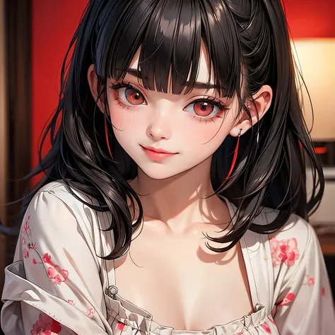 1 tiny girl, messy hair, pajamas, (photo realstic), (cute face), naughty smile, (blunt bangs), (ultra detailed:1.4), 16K, red eye shadow, black eyeline, cowboy shot, best quality, ((Masterpiece)),