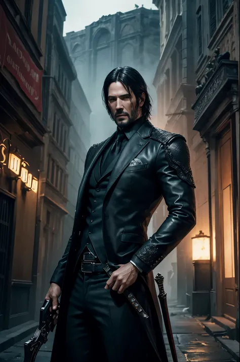 (Melhor qualidade,high resolution,obra de arte:1.2),ultra-detalhado,realista,John wick como Vergil em Devil May Cry 5,artistic oil painting,lindos olhos e rosto detalhados,focused and clear expression,cabelo preto,roupa estilosa,elegante espada de prata,at...