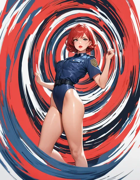 Solo, (Police Uniform, Policewoman), leotard, bare legs, superhero, boots, Lips Apart, Red Lips, Shiny Skin, Skin Dents, Best Quality, Ultra High Resolution, Red hair, Bob hair, standing straight, perfect anatomy, perfect hands, BREAK, spinning like a torn...