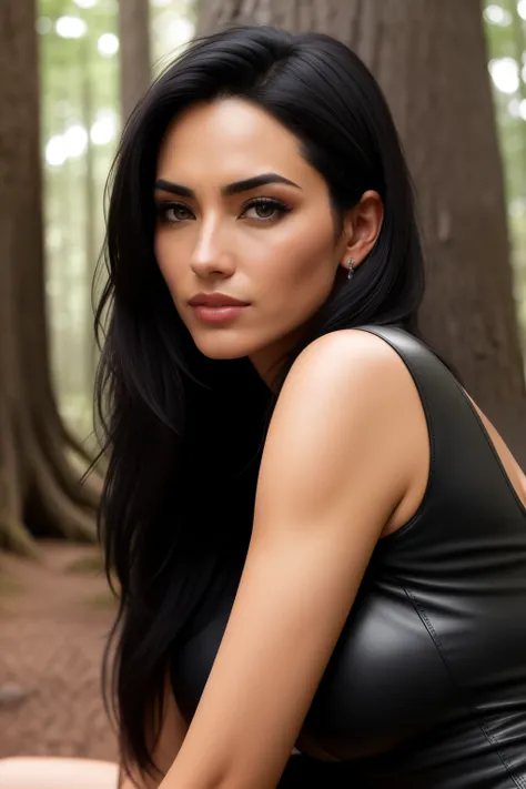 photograph of a woman (sympathetic expression), ultra-textured leather, goosebumps, black hair, Face, looking at the camera, full face, Half up, half down, group profile, tall ancient redoupod trees create a sense of wonder and awe, perfect eyes (harsh lig...