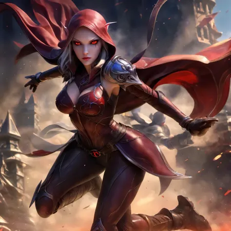 red eyes, sylvanas_windrunner, cinewow, (((full body image))), 1girl, elf, will be depicted in the futuristic world of "aeon flu...