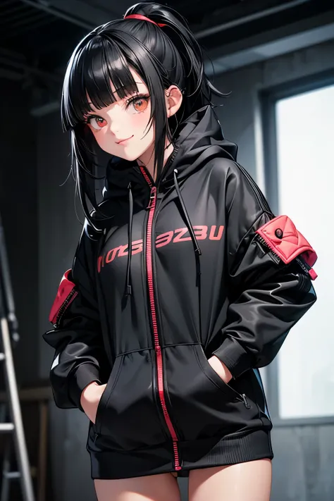 1 tiny girl, black messy hair, undress hoodie with zipper, (Fluorescent zipper), (photo realstic), (cute face), naughty smile, (blunt bangs), (ultra detailed:1.4), 16K, red eye shadow, black eyeline, cowboy shot, best quality, ((Masterpiece)),