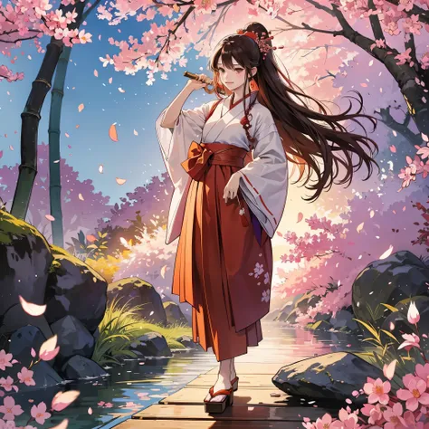 The female character is wearing a purple and red hakama skirt (traditional Japanese trousers) with long brown hair adorned by a red ribbon. She stands on the right side of the image, holding a bamboo staff in her left hand. The background features shower o...