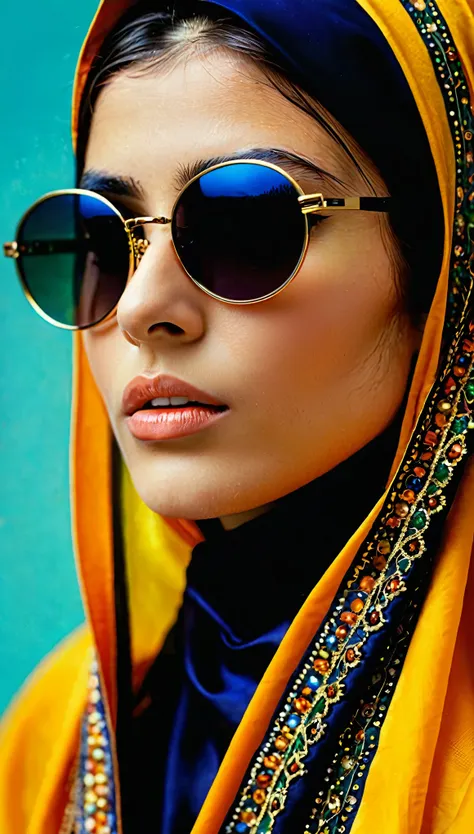 persian color palette , persian art, persian girl, persian, iranian, iran,nun, wearing dark, shiny glasses folk costumes (lina c...