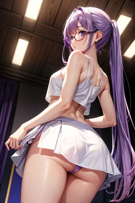 Glasses、back view、white tank top、mini skirt、(Panty shot)、、beautiful girl magician、purple hair long、((whole body))、(((photo taken from below)))、indoor