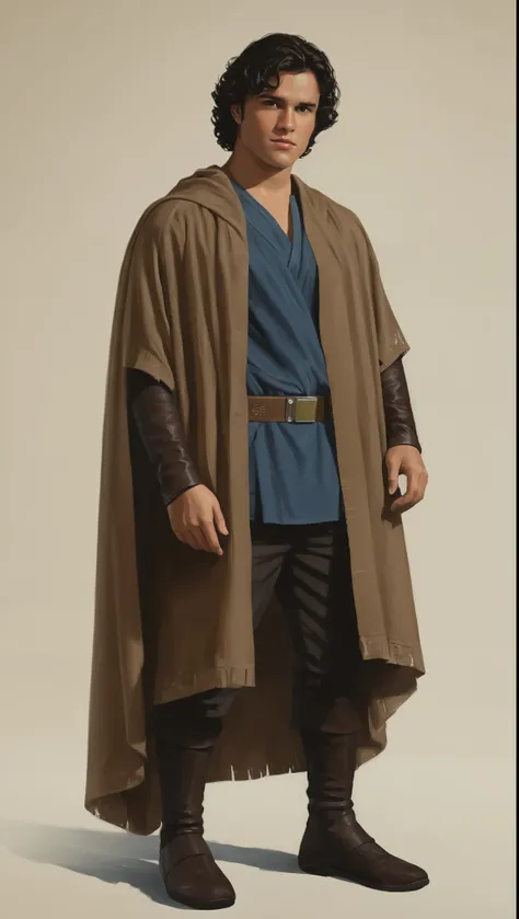 An illustrated movie poster, hand-drawn, full color, a Jedi Knight, 28 years-old, wearing a jedi poncho, resembles Gavin Leatherwood, sun-tanned skin, stocky physique, deep brown eyes, wide bulbous nose, black hair, curly hair, thick bushy eyebrows, extrem...