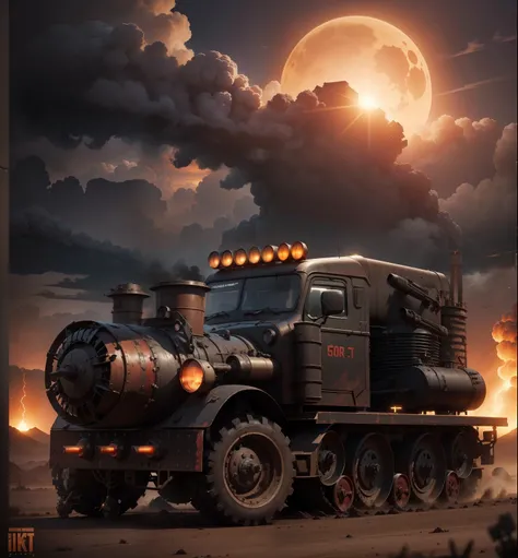 Setting:

A desolate wasteland stretches into the distance, baked under a harsh, unforgiving sun.
A single, rutted dirt road cuts through the cracked earth, disappearing towards the horizon.
The Truck:

A monstrous, steam-powered juggernaut dominates the s...