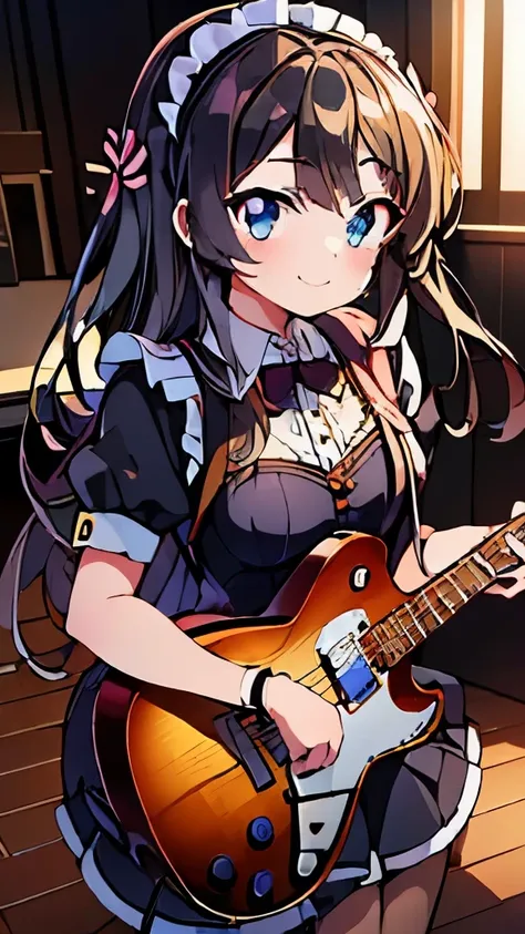 ((masterpiece)), ((best quality)), (ultra-detailed), anime style, Live performance venue, a cute girl, 1girl, solo, playing the guitar00, maid00, ((beautiful eyes))0, smile