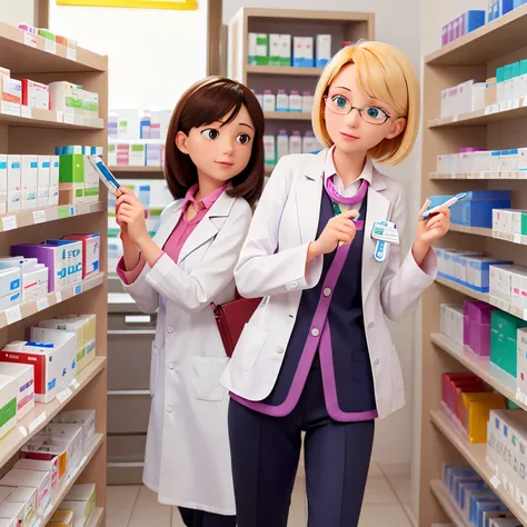 a helpful pharmacist,wearing a white coat,friendly smile,holding a prescription pad and pen,stethoscope hanging around the neck,standing behind a well-organized pharmacy counter,shelves filled with medicine bottles and boxes,various pharmaceutical products...