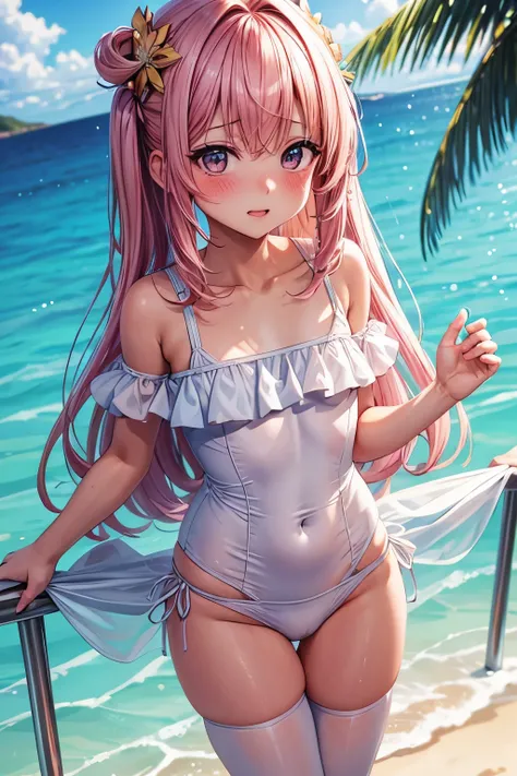 A blushing little anime girl in a small swimsuit, que sus pezones se marquen y tenga un escote grande