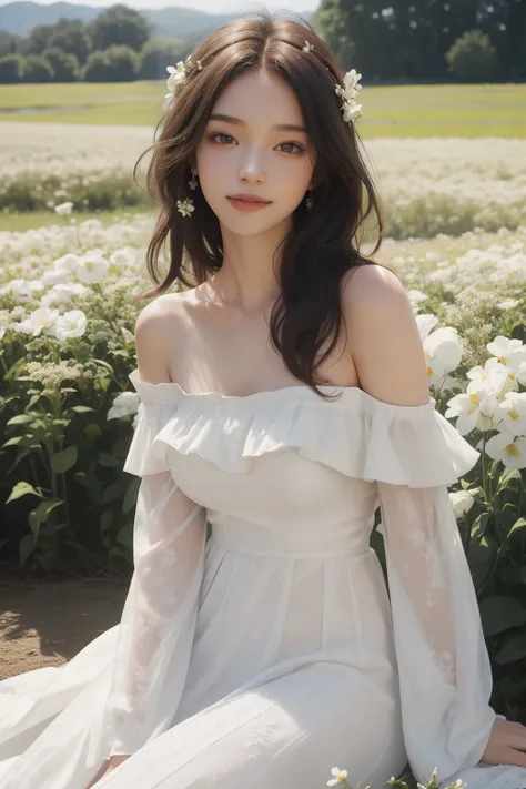 best quality, masterpiece, ultra high resolution, (realistic:1.4), RAW photos, 1 woman, white dress, off shoulder, flower field in full bloom, glowing skin, light smile