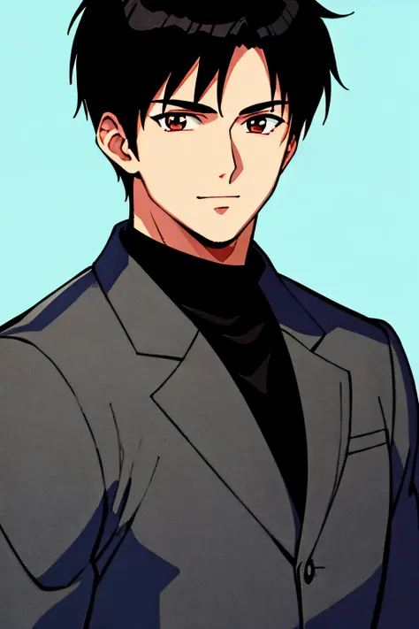 masterpiece, best quality, cel shaded, bright colors, 1boy, solo, male focus, adult man, short black hair, brown eyes, small smi...