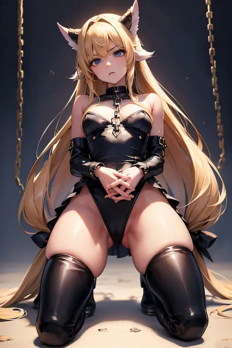 lease, blonde、long hair、bondage、thigh high boots、Photo from below、medium chest、prison、first round、Chains in both hands、embarrassed expression、Kneeling