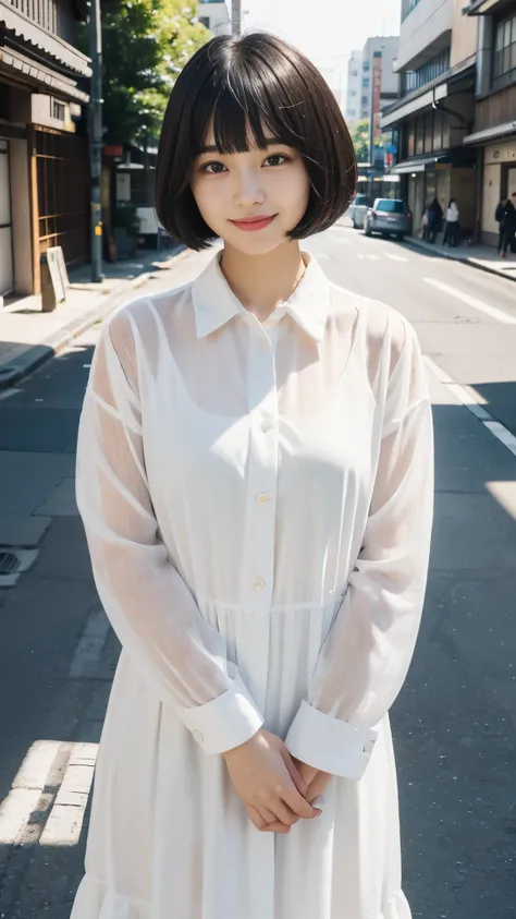 （Ultra high definition）（masterpiece）（textured skin）（very detailed）（high quality）（最high quality）（first person perspective）(16k ),woman,(upper shot),white dress shirt,smile,blunt bangs bobcut,Outside Setagaya,black hair,model
