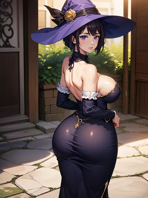 older woman in her 30s with short purple hair and tall curvy busty body seen from behind, de costas, seios grandes, bunda, (obra de arte, Melhor qualidade:1.2) wearing legendary big black dress of mystical sorceress, big witch hat