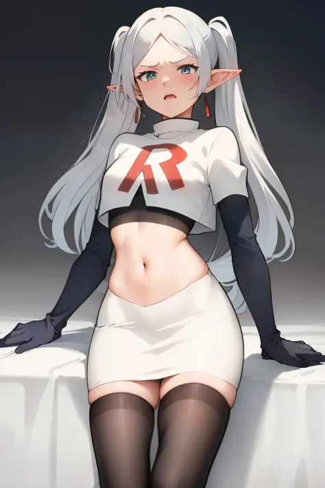 (masterpiece, best quality), intricate details,
1girl, disgusted face, frieren, long hair, pointy ears, jewelry, earrings, twintails, parted bangs, team rocket,team rocket uniform, red letter R, white skirt,white crop top,black thigh-highs,black elbow g...