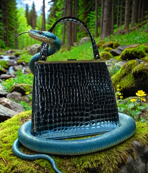 there is a snake on a purse on a mossy rock, dark bakground by Dietmar Damerau, by Anato Finnstark, by Kristian Zahrtmann, steven klein, by Elias Ravanetti, by Henrik Weber, by Micha Klein, eftir Júlíana Sveinsdóttur, alexandra fomina, highly detailed prod...