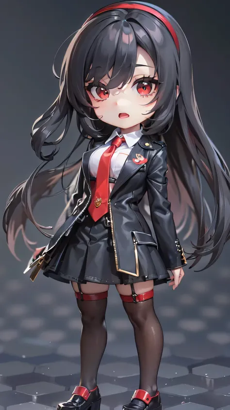 (nendoroid:1.3) masterpiece, high quality, highly detailed, full body (1girl, chibi ,solo straight black hair long hair femdom girl,chibi:1.2 character, slender legs, thick line, 5 yo, detailed red eyes, open mouth, best smile, bigboobs), in a school blaze...