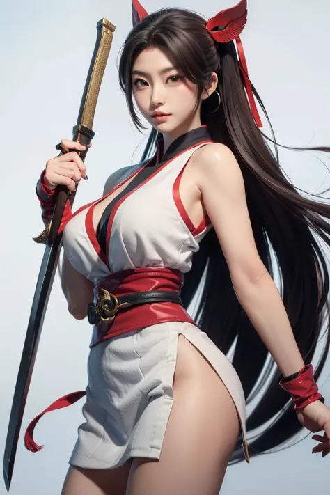 i need a mascot logo of Mai Shiranui with sword and gun and Onnamen Mask
