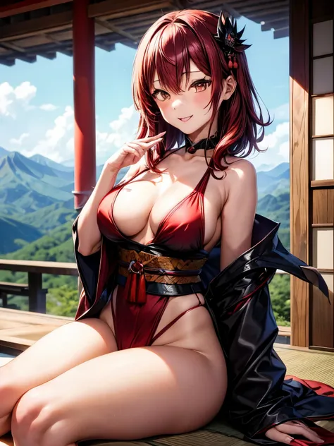 ((in the mountains of japan:1))、sexy female crow tengu、Japanese traditional tengu, sexy japanese monk costume, Sexy brown skin, nice sexy body、one woman、red hair ornament、((Black Japanese style sexy costume:1))、woman sitting