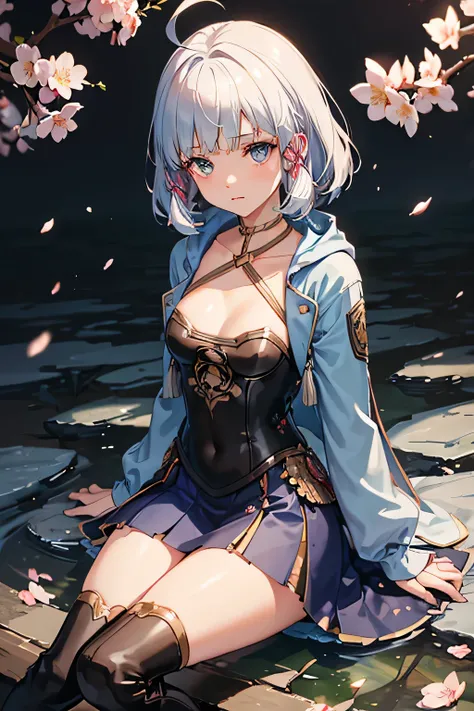 ((small breasts, clavicle)),((Highly detailed CG)), ((Depth of the bounds written, best quality, ,ahoge, short hair with long locks, hair ornament,criss-cross halter,hooded jacket,long sleeves,grey skirt,black thighhighs,boots)),(figure:1.1), (perfect deta...