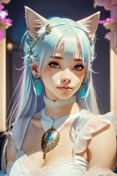 1girl, facing the camera, solo, long hair, strong slight smile, pink eyes, tattoos, blue jewelry, closed mouth, white hair, earrings, lace chocker,  lips, animal, she holds a white cat, looking up, portrait, freckles, on head, animal on head, cat on her he...