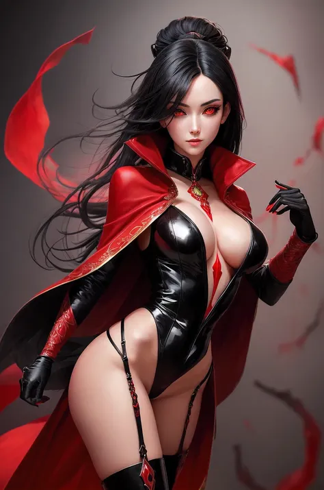 Create the image of a beautiful sorceress girl with black hair wearing a red and dark coat with a bodysuit Black wearing long boots her body is extremely sensual her eyes shine with intense red The body is sculptural in an extremely provocative pose