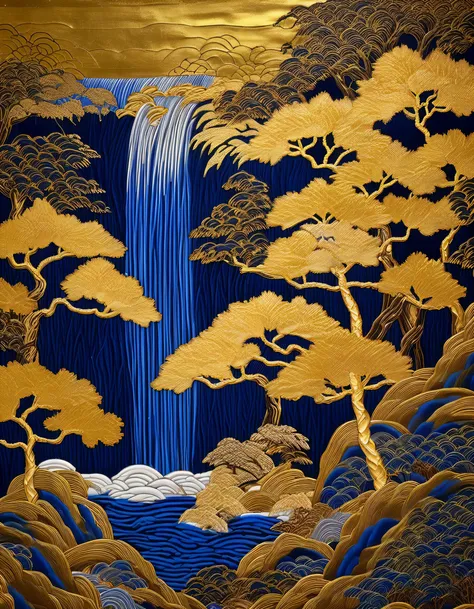 a close up of a painting of a waterfall and trees, gold and indigo, gold waterfalls, by master of the embroidered foliage, by ka...