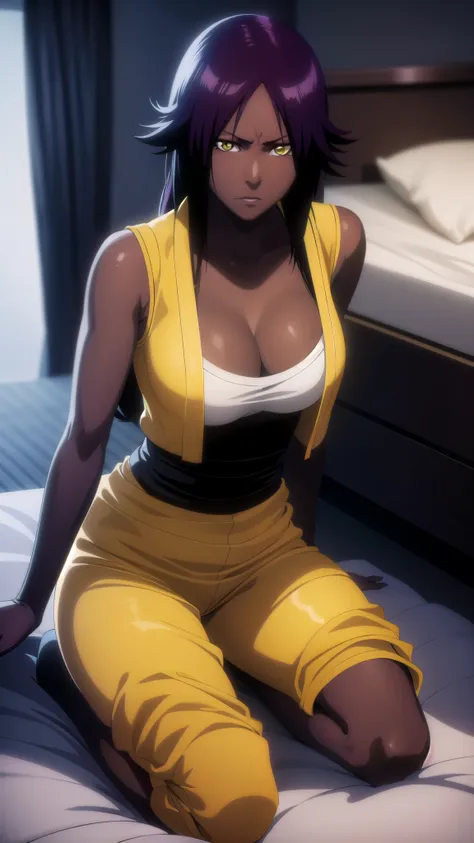 erotic girl, depth of field, cinematic lighting, realism, full body, dark skin, brunette skin tone, yellow eyes, 1girl, yoruichi...