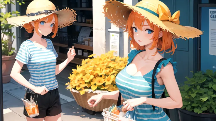 one girl, orange hair, big blue eyes, with green and white striped shirt, on side walk, with groceries, with a sun hat,