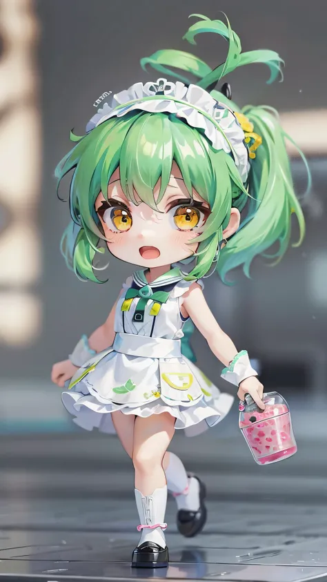 (nendoroid:1.3) masterpiece, high quality, highly detailed, full body (1girl, chibi ,solo Ponytail green hair long hair cute girl,chibi:1.2 character, slender legs, thick line, 5 yo, cute yellow eyes, open mouth, best smile), in a maid uniform.