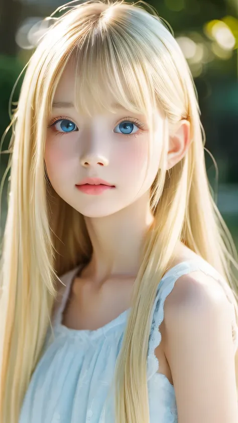 1 girl, the cutest girl、bright look、very messy blonde hair, blond hair floating、her bright, super long, straight blonde hair is ...