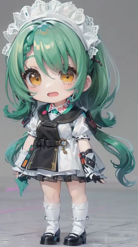 (nendoroid:1.3) masterpiece, high quality, highly detailed, full body (1girl, chibi ,solo Ponytail green hair long hair cute girl,chibi:1.2 character, slender legs, thick line, 5 yo, cute yellow eyes, open mouth, best smile), in a maid uniform.