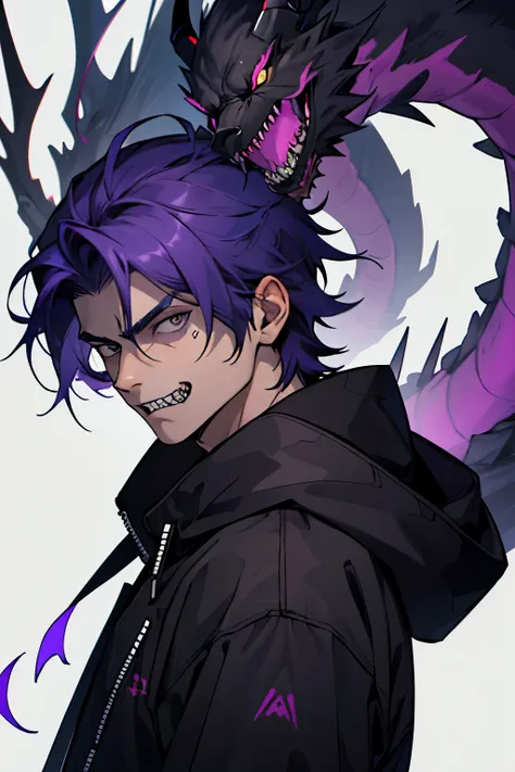 boy with half purple consumed by his demon and the other half left with a neutral face with a half purple and half black outif with a face with many sharp teeth on his hood