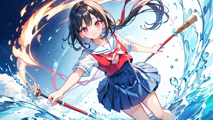 masterpiece，best quality，high resolution，1 boy and 1 girl，short black hair，Sagittarius，Fierce eyes，Red shirt，White sailor collar，tie，Blue pants,masterpiece，best quality，High resolution，1 girl，Idol，light blue long hair，bow hair，Red shirt，White sailor collar...